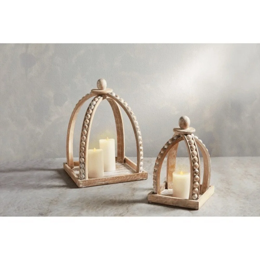 Mud Pie Beaded Lantern Set White Washed Brown Mango Wood 9
